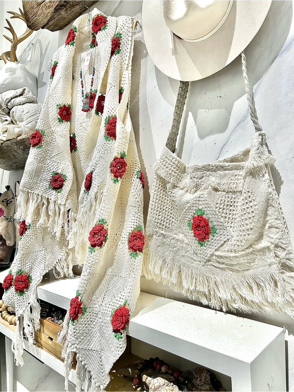 Artisan🌹ROSE granny square Boho Crochet Fringe Shoulder Bag w farmhouse vibe